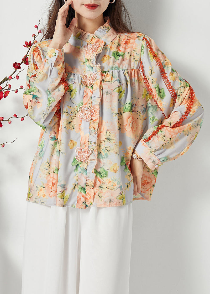Orange Ruffled Print Chiffon Shirt Top Spring