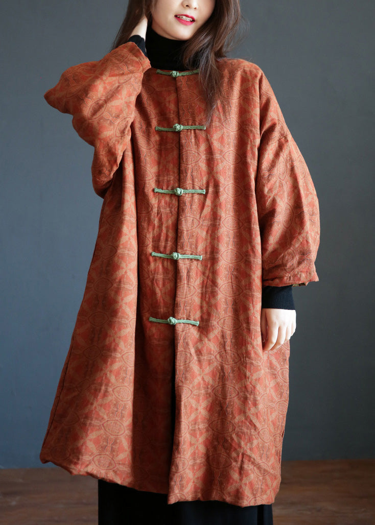 Orange Stand Collar Print Button Warm Fleece Linen Parkat Winter