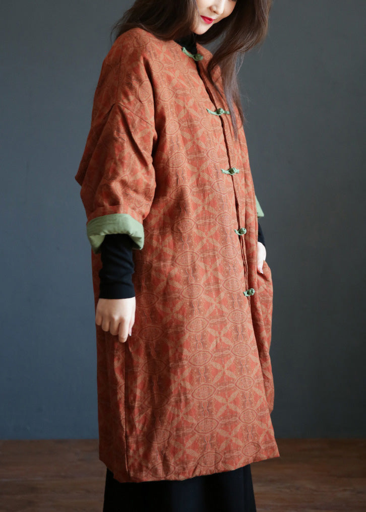 Orange Stand Collar Print Button Warm Fleece Linen Parkat Winter