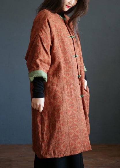Orange Stand Collar Print Button Warm Fleece Linen Parkat Winter