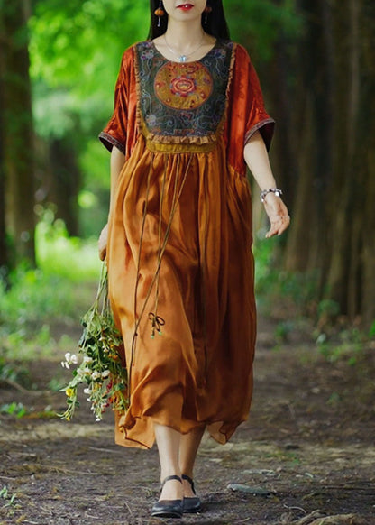 Orange Tasseled Embroideried Patchwork Silk Long Dresses Summer