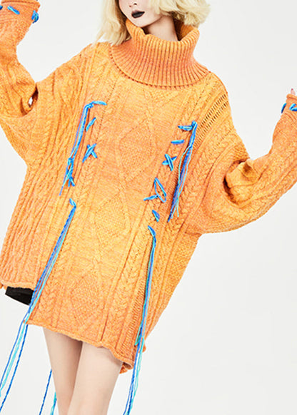 Orange Turtleneck Patchwork Cozy Thick Knit Sweaters Fall