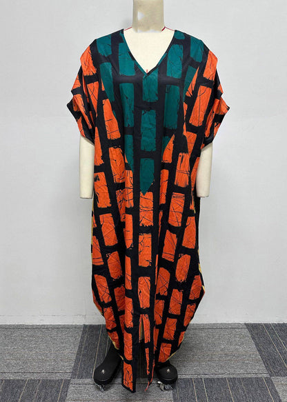 Orange V Neck Plaid Holiday Long Dress Summer