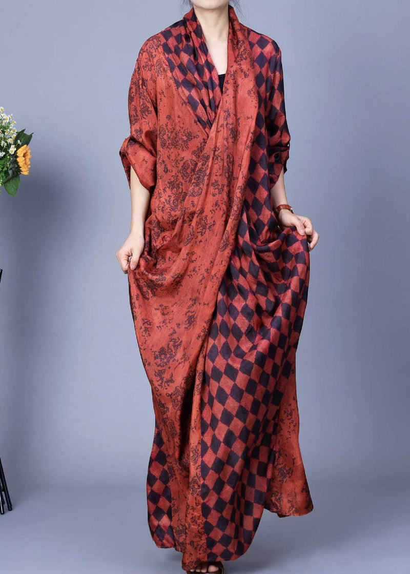 Orange V Neck Plaid Silk Long Dress Long Sleeve