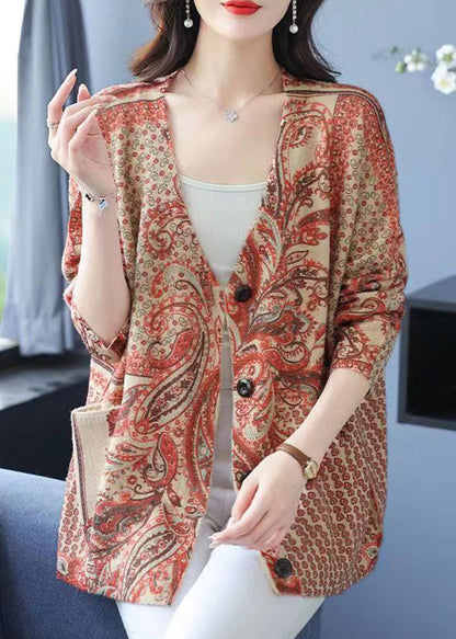 Orange V Neck Print Button Mink Hair Knitted Coat Fall