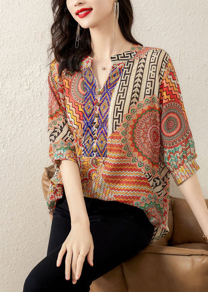 Orange V Neck Print Patchwork Chiffon T Shirt Tops Summer