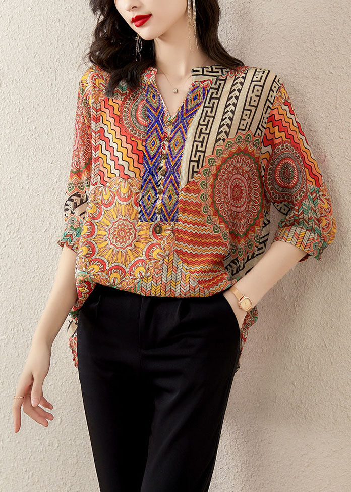 Orange V Neck Print Patchwork Chiffon T Shirt Tops Summer