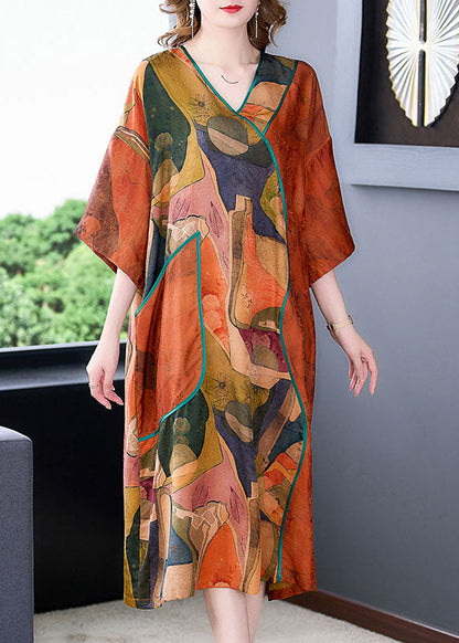 Orange V Neck Print Patchwork Silk Dresses Summer