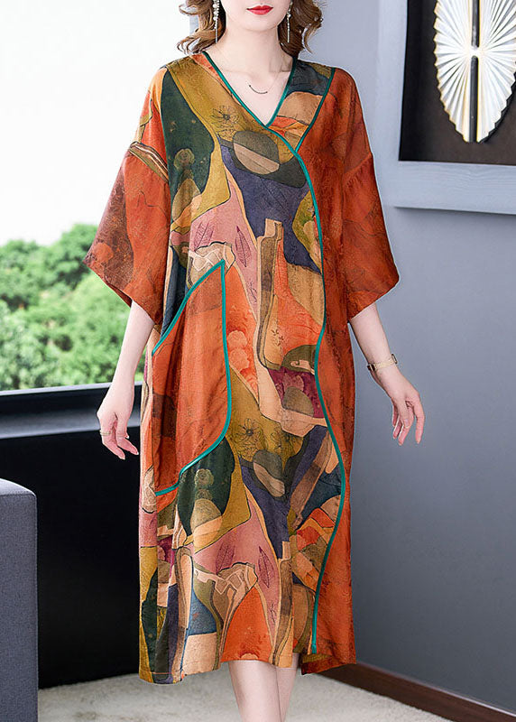 Orange V Neck Print Patchwork Silk Dresses Summer