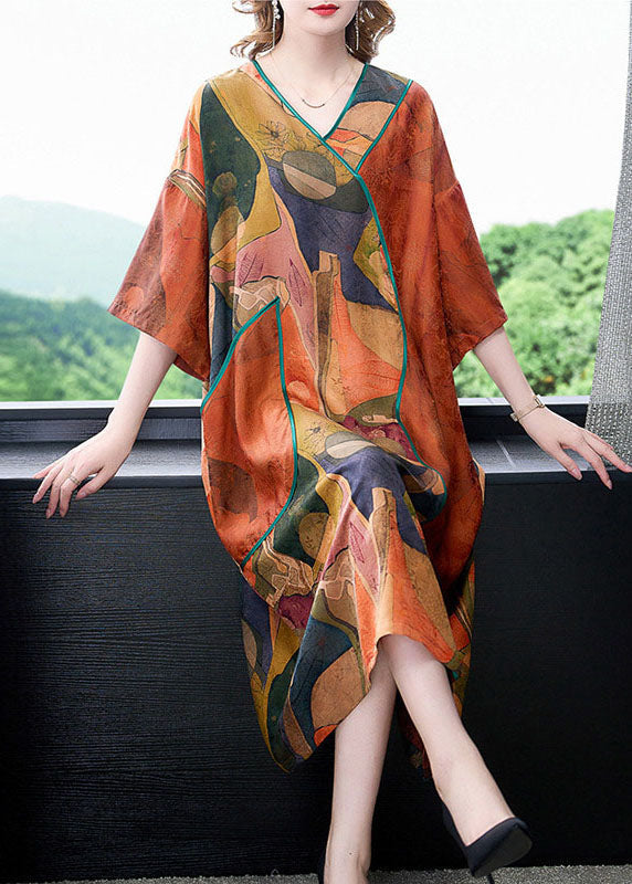 Orange V Neck Print Patchwork Silk Dresses Summer