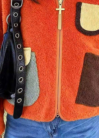 Orange Zip Up Pockets Faux Fur Jacket Spring