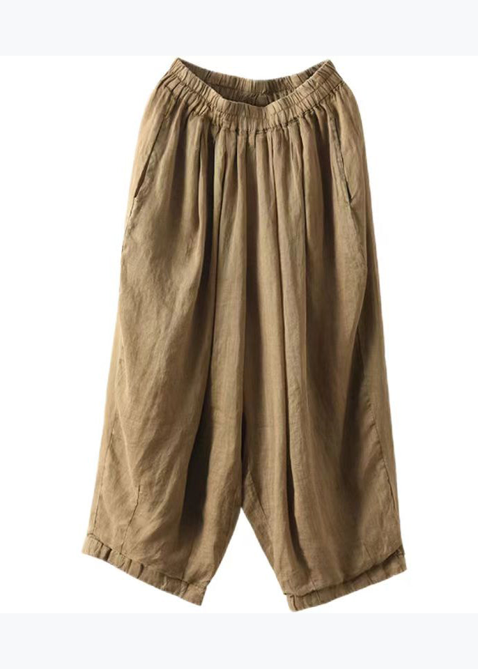 Original Coffee Pockets Elastic Waist Linen Crop Pants Summer