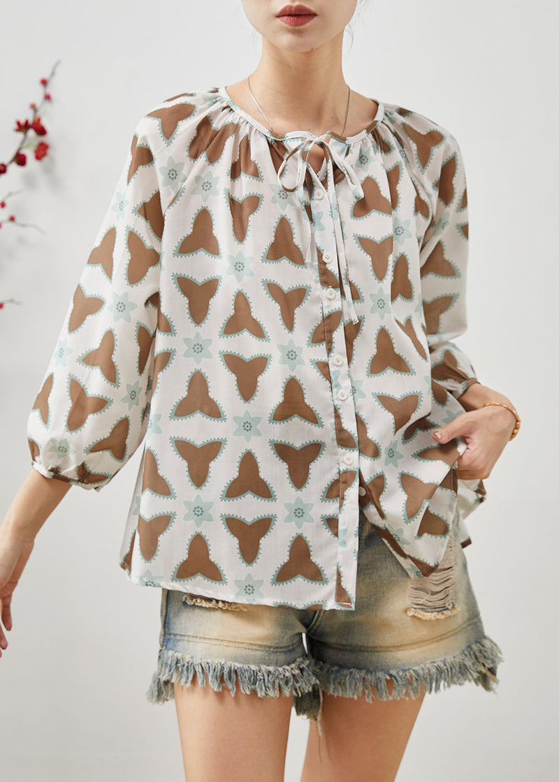 Oversized Print Lace Up Cotton Blouse Tops Summer