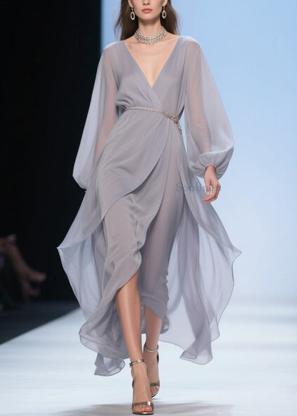 Pale Smoggy Gray V Neck High Waist Chiffon Dress Spring