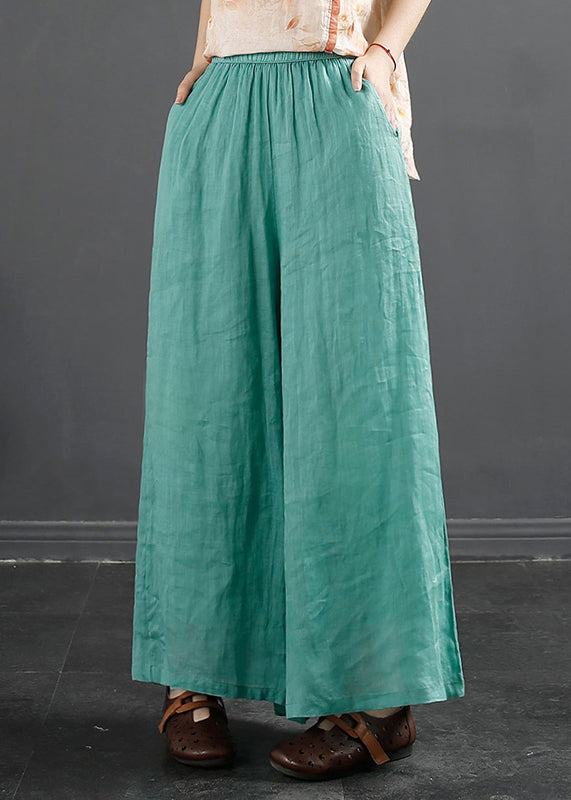 Peacock Blue Pockets Elastic Waist Linen Wide Leg Pants Fall