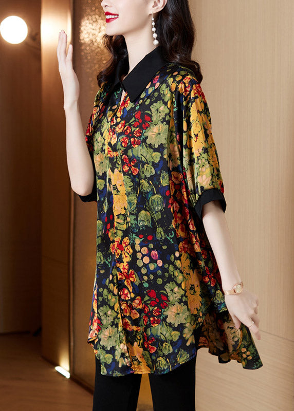 Peter Pan Collar Print Button Low High Design Shirts Short Sleeve