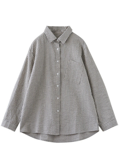 Plus Size Peter Pan Collar Striped Blouse Tops Spring
