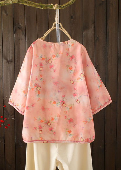 Pink Asymmetrical Print Cotton Linen Blouse Tops Bracelet Sleeve