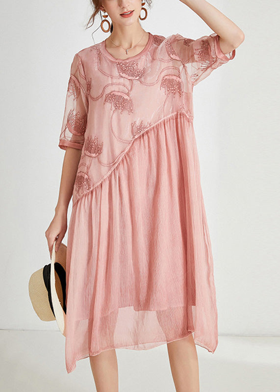 Pink Embroideried Chiffon Maxi Dress Short Sleeve