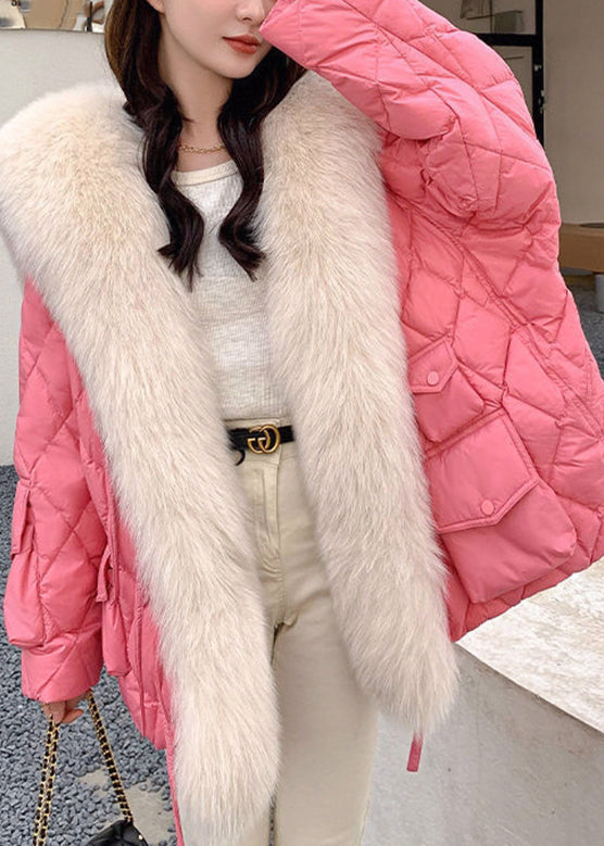Pink Fur Collar Pockets Plaid Patchwork Parka Long Sleeve