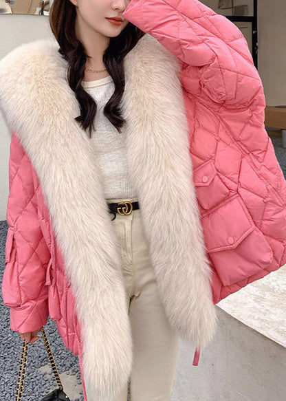Pink Fur Collar Pockets Plaid Patchwork Parka Long Sleeve