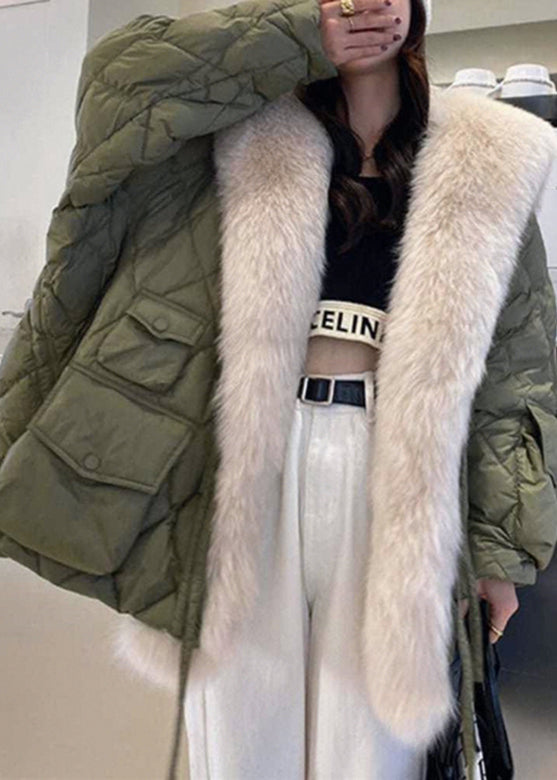 Pink Fur Collar Pockets Plaid Patchwork Parka Long Sleeve