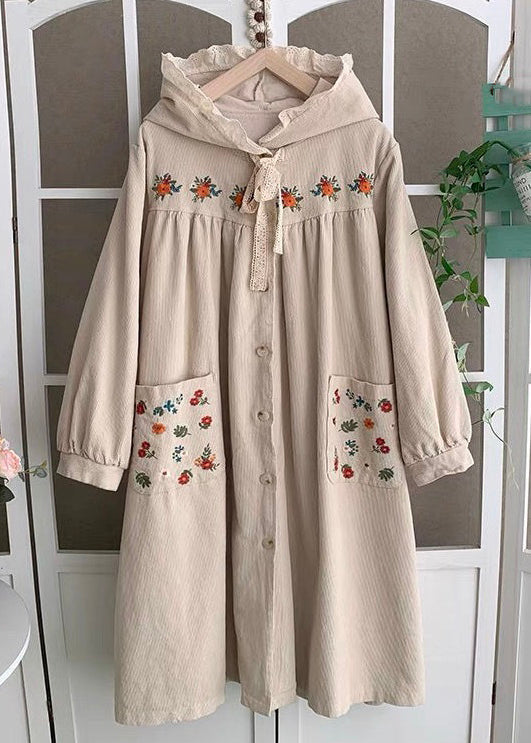 Pink Hooded Embroideried Lace Up Cotton Long Coats Spring