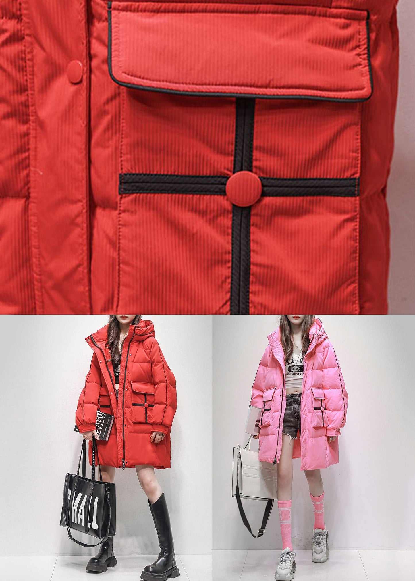 Pink Hooded Pockets Duck Down Winter Coats Winter