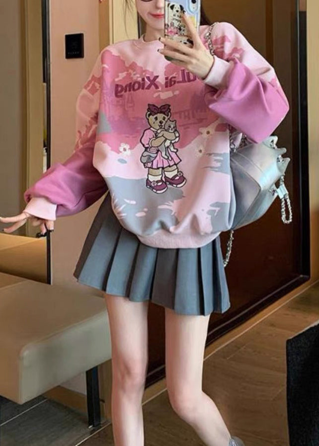 Pink O Neck Embroidered Tie Dye Cotton Pullover Spring