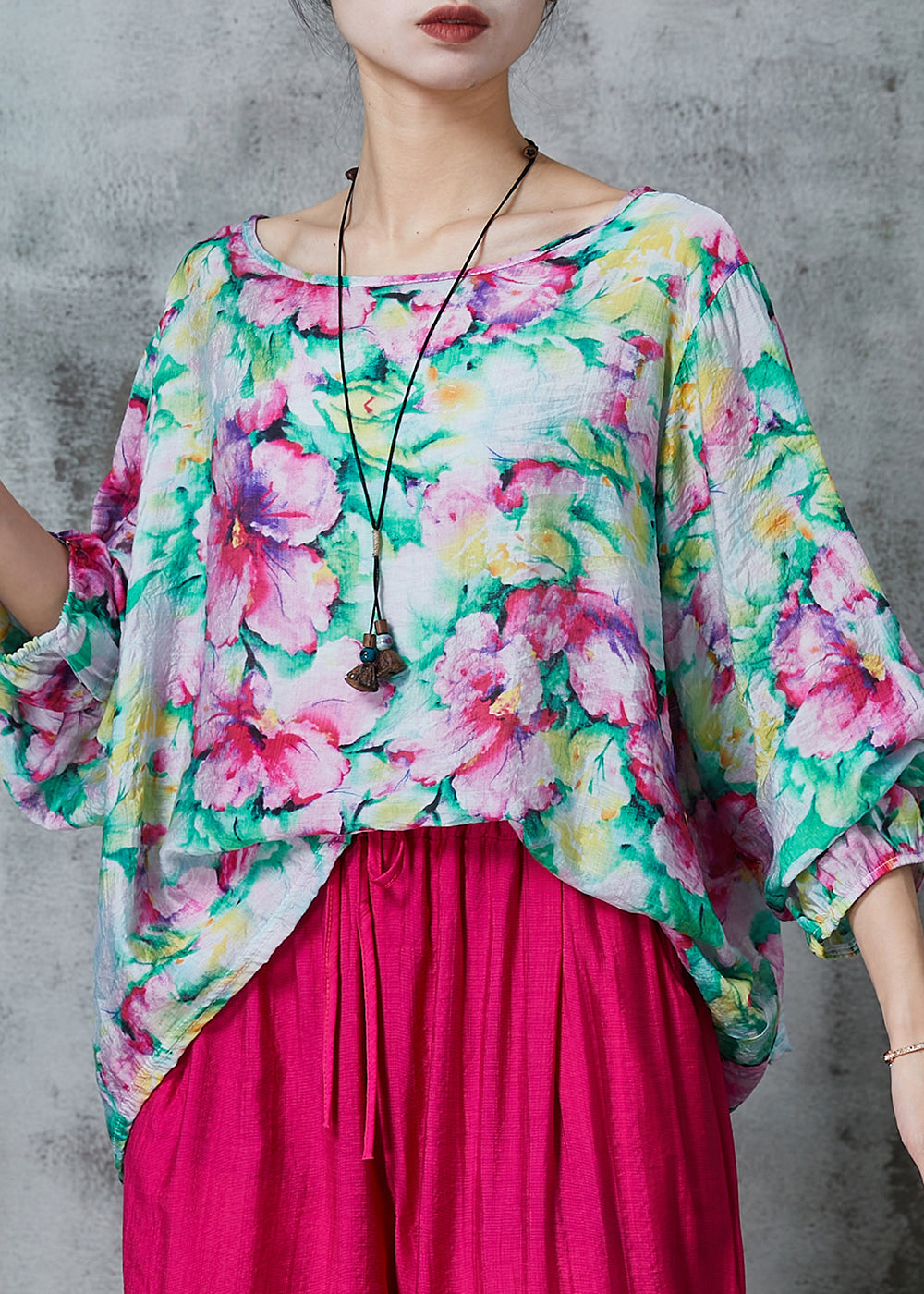 Pink O-neck Print Linen Blouses Summer