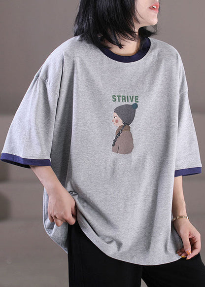 Pink O-neck Patchwork Character Print Cotton Tank Tops Half Sleeve