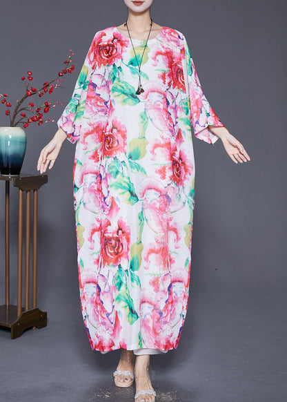 Pink Oversized Print Cotton Dress Batwing Sleeve