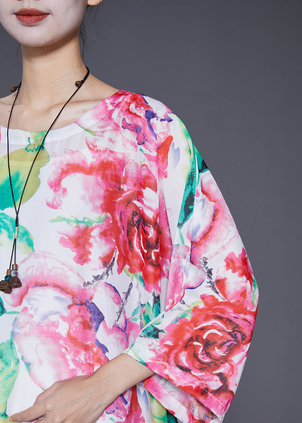 Pink Oversized Print Cotton Dress Batwing Sleeve