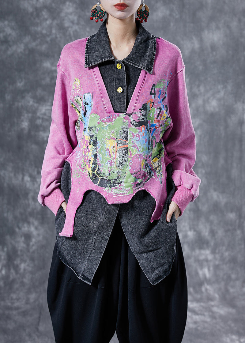 Pink Oversized Patchwork Cotton Sweatshirts Top Spring