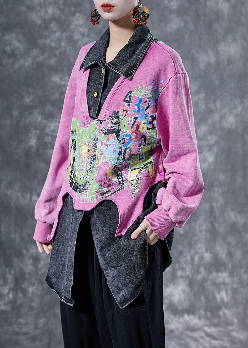 Pink Oversized Patchwork Cotton Sweatshirts Top Spring