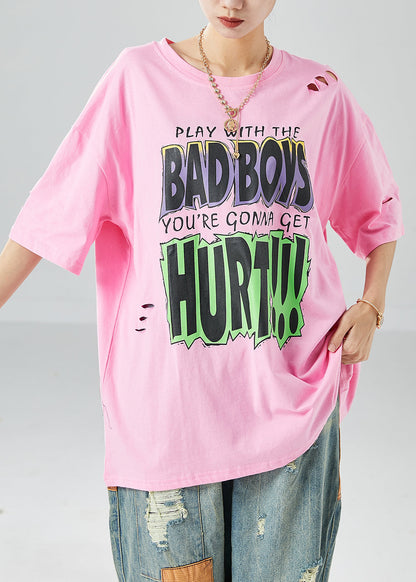Pink Oversized Print Hollow Out Cotton Top Summer