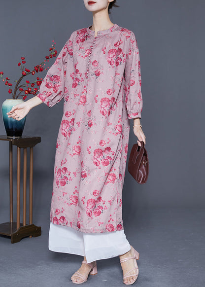 Pink Oversized Print Linen Long Dresses Lantern Sleeve
