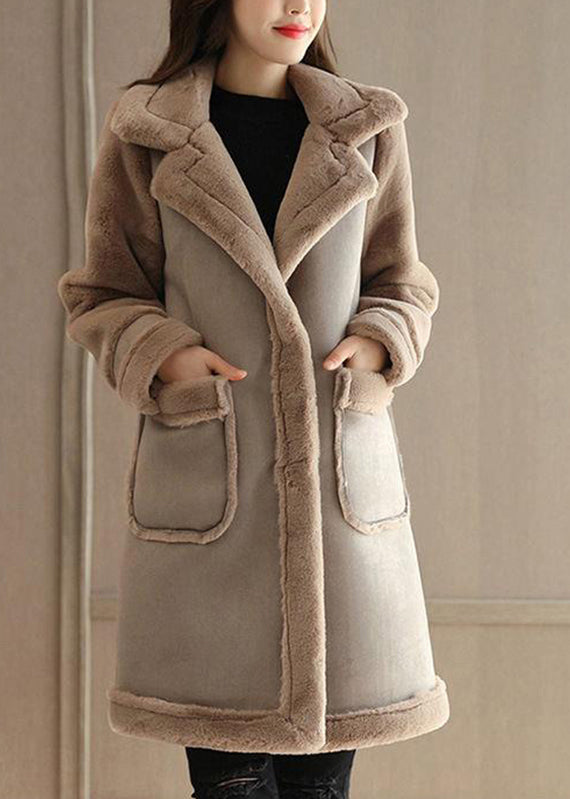 Pink Peter Pan Collar Faux Suede Patchwork Faux Leather Coat Winter