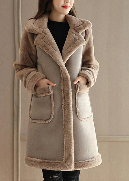 Pink Peter Pan Collar Faux Suede Patchwork Faux Leather Coat Winter