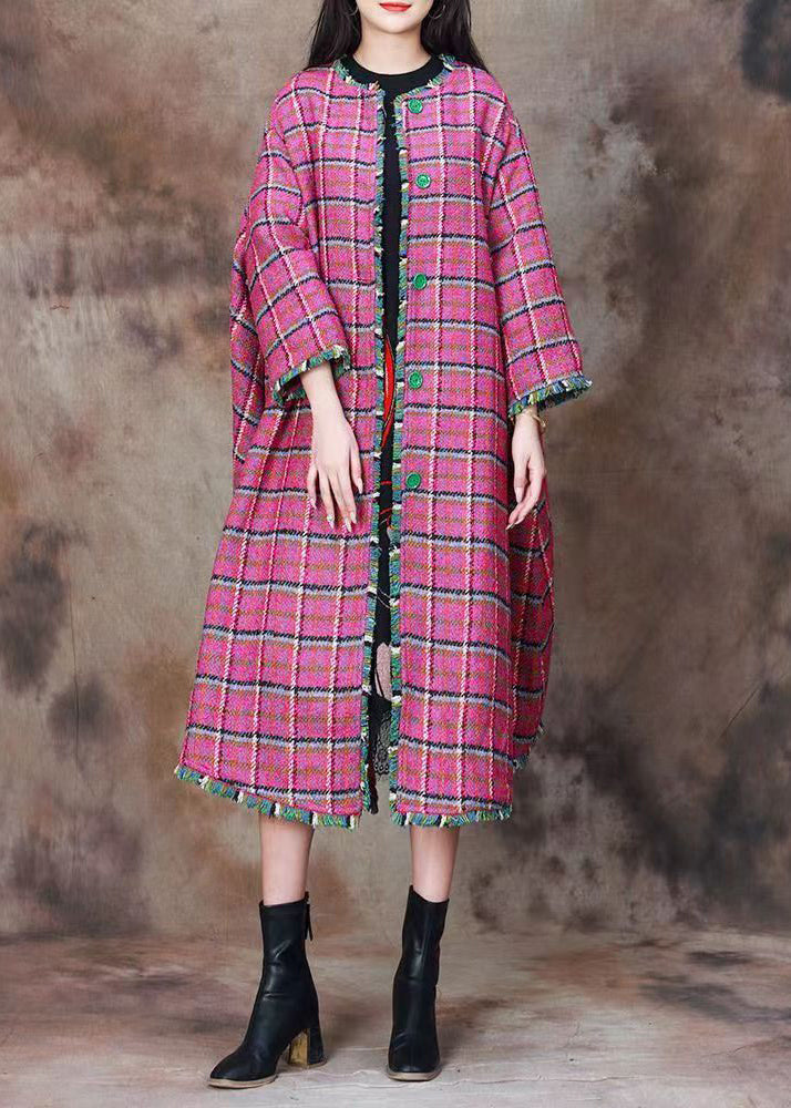 Pink Plaid Button Wool Long Coats Spring