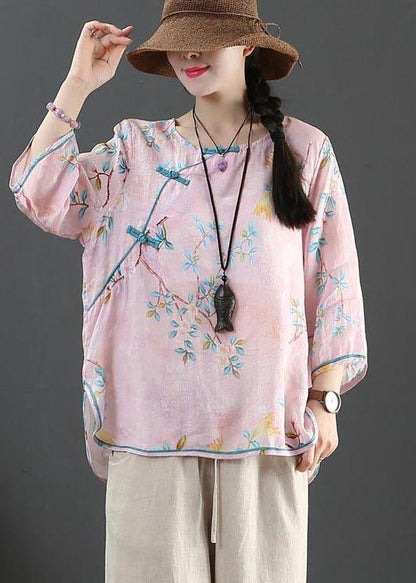 Pink Print Linen Oriental Summer Shirts
