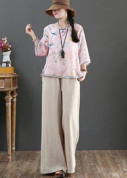 Pink Print Linen Oriental Summer Shirts