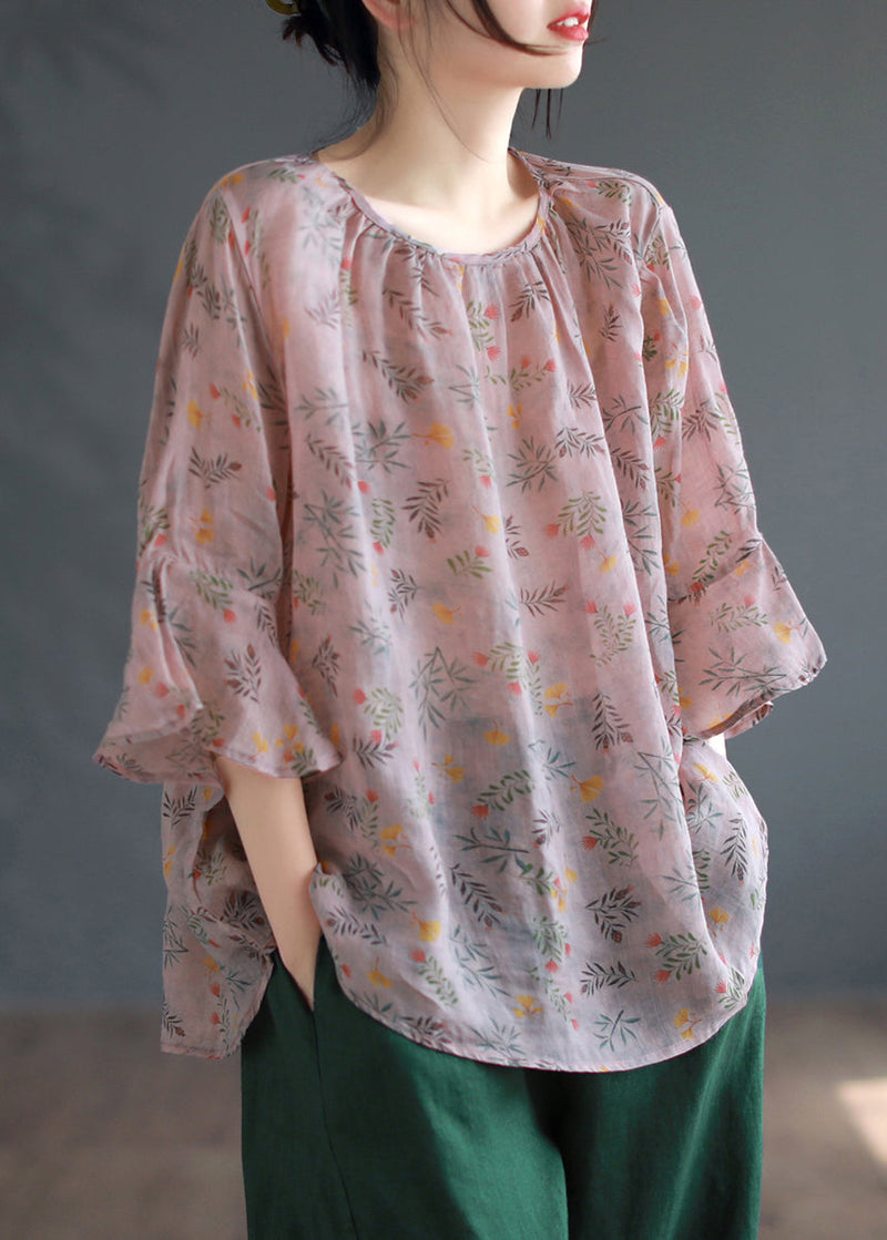 Pink Print Patchwork Linen Shirts Flare Sleeve