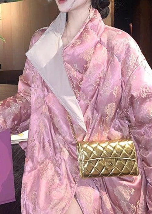 Pink Stand Collar Print Cotton Filled Long Parka Winter