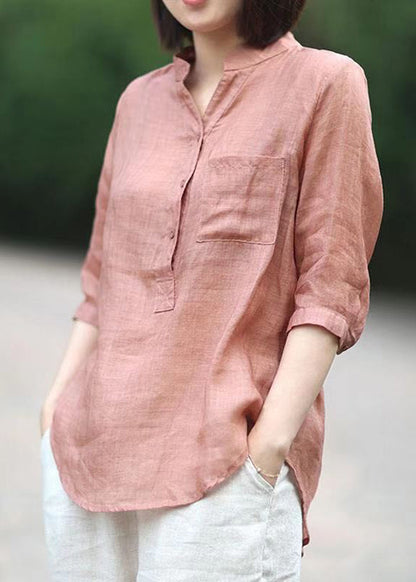 Stand Red Linen Blouses Top Half Sleeve