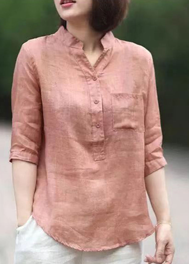 Color Geometrystand Collar Pockets Linen Blouses Top Half Sleeve
