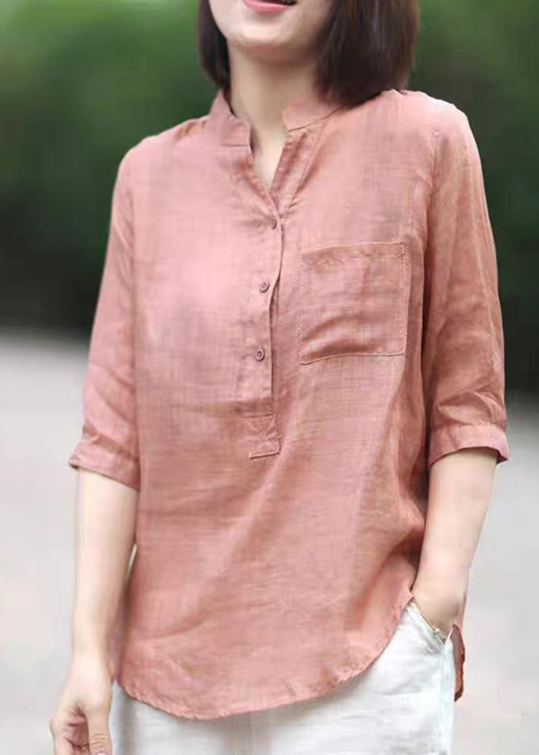 Color Geometrystand Collar Pockets Linen Blouses Top Half Sleeve