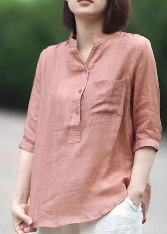 Stand Red Linen Blouses Top Half Sleeve