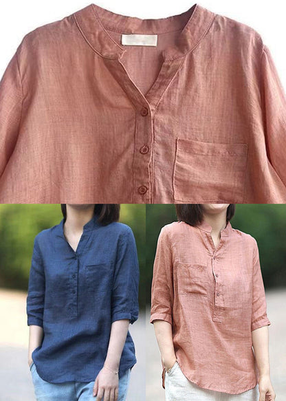 Color Geometrystand Collar Pockets Linen Blouses Top Half Sleeve