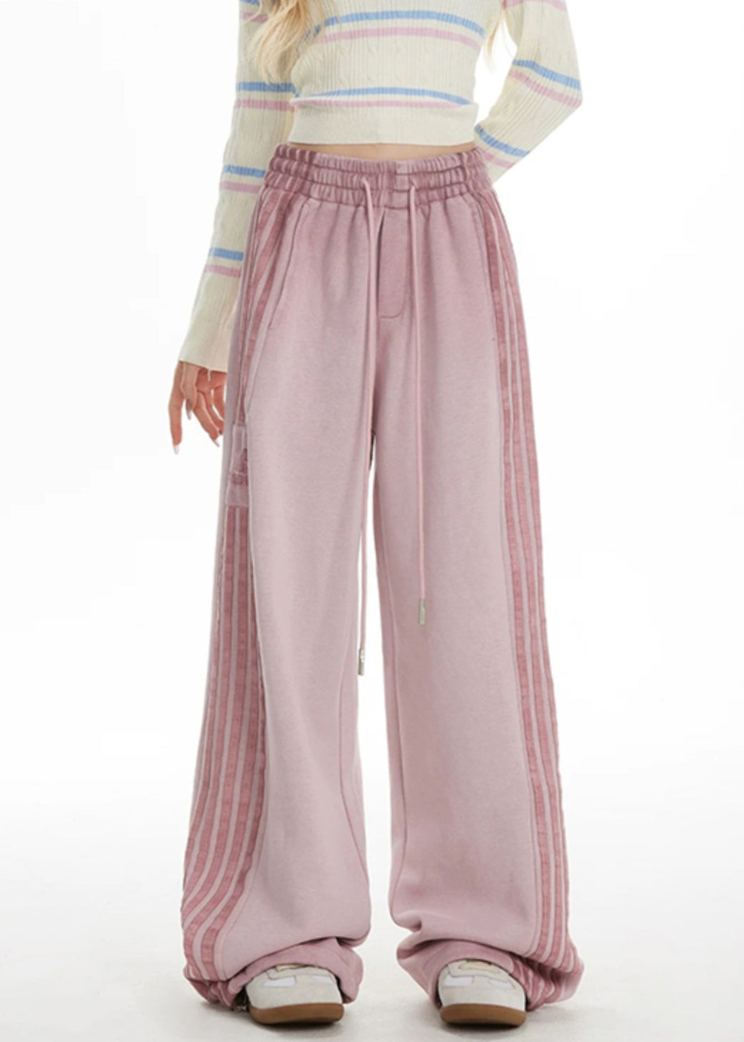 Pink Striped Elastic Waist Wide Leg Pants Spring